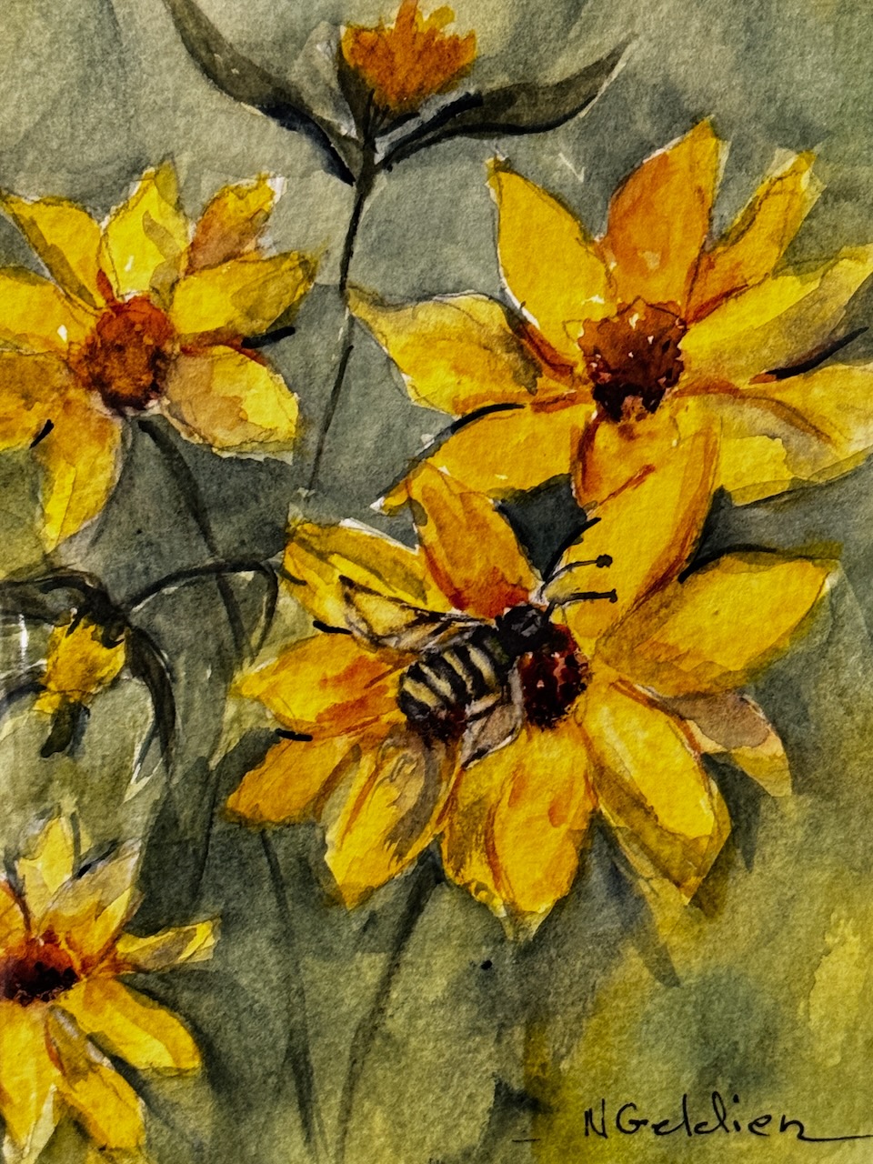 Nancy Geldien- Yellow Flowers With Bee